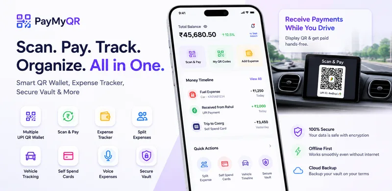 PayMyQR app showing QR wallet, payments, and money timeline