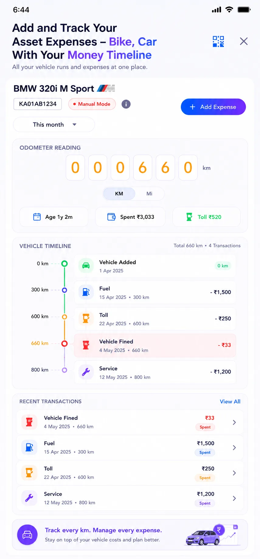 Vehicle expense and odometer timeline